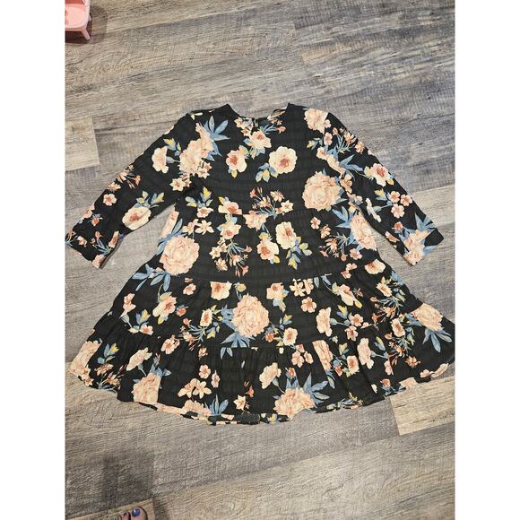 Zara medium long puff sleeve tiered black floral mini swing dress - Picture 3 of 7